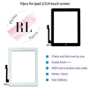 10pcs/lot touch screen digitizer for ipad 2 3 4 touch glass panel replacement with home button flex adhesive sticker