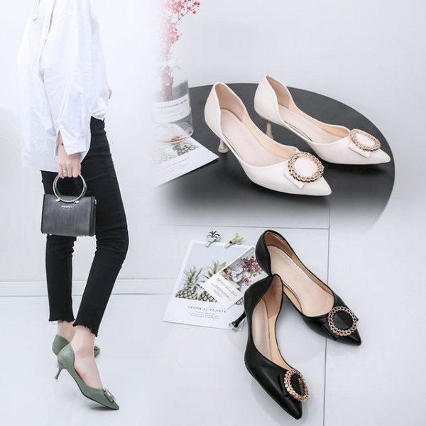 19 New Sandals Single Shoes Metal Decorative Stiletto Pointed Set Foot Pu Shallow Mouth High Heel Fashion Single Shoes W