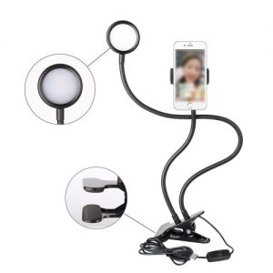 3-Level Brightness Selfie Ring Light Clip with Clamp Mounting Adapter Cell Phone Holder On 360 Rotating For Live Stream Video Chat Flexible Long Arms Clips Lazy Bracket (White)