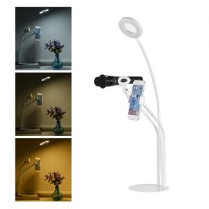 3-in-1 Flexible Broadcast Microphone Desktop Stand with Selfie Ring Light Smartphone Mic Holder for Live Streaming Broadcasting