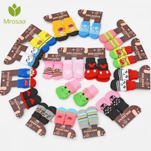 4pcs Winter Warm Cartoon Puppy Dog Shoes Socks Pattern Random