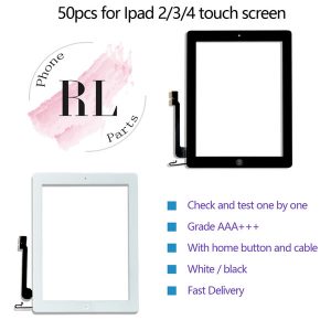 50pcs touch screen quality for ipad 2/3/4 digitizer front screen replacement glass assembly with home button