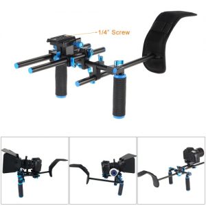 Aluminum Alloy Video Shoulder Mount Support Rig Stablizer with 1/4" Screw Mount Slider 15mm Rod Double-hand Handgrip Set C-shaped Holder for DSLR Camera Camcorder