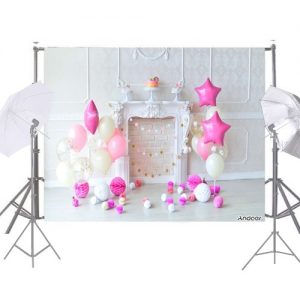 Andoer 1.5 * 2.1m/5 * 7ft Birthday Party Photography Background Pink Balloon Star Paper Poms Fireplace Cake Backdrop Photo Studio Pros