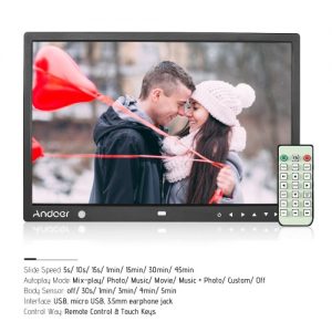 Andoer 15 Inch Large Screen LED Digital Photo Frame Desktop Album 1280 * 800 HD Music/ Video/ eBook/ Clock/ Calendar Functions with Motion Detection Sensor Touch Keys Support Remote Control