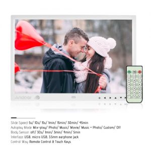 Andoer 15 Inch Large Screen LED Digital Photo Frame Desktop Album 1280 * 800 HD Music/ Video/ eBook/ Clock/ Calendar Functions with Motion Detection Sensor Touch Keys Support Remote Control