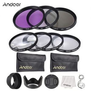 Andoer 55mm UV + CPL + FLD + Close-up Lens Filter Kit with Carry Pouch Lens Cap Holder Tulip Rubber Hoods Cleaning Cloth