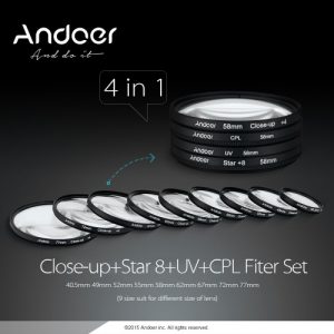 Andoer 55mm UV+CPL+Close-Up+4 +Star 8-Point Filter Circular Filter Kit Circular Polarizer Filter Macro Close-Up Star 8-Point Filter with Bag for Nikon Canon Pentax Sony DSLR Camera