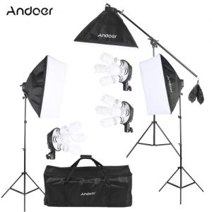 Andoer Studio Photo Video Lighting Kit with 12 * 45W Bulb / 3 * 4in1 Bulb Socket / 3 * Softbox / 3 * Light Stand / 1 * Cantilever Stick / 1 * Carrying Bag