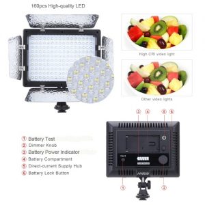 Andoer W160 Video Photography Light Lamp Panel 6000K 160 LEDs for Canon Nikon Pentax Sony (Alpha) Olympus Fujifilm DSLR Camera DV Camcorder