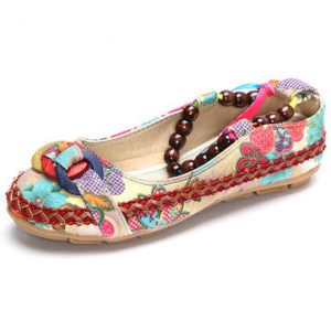 Bead Chain Knitting Butterflyknot For Women Vintage Retro National Wind Lace Up Flat Shoes