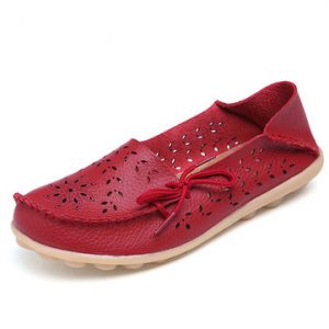 Big Size Leather Hollow Out Floral Breathable Soft Comfy Lace Up Flat Shoes