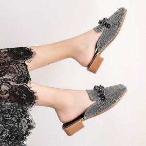 Big Size Women Casual Square Toe Sequined Backless Slippers Mules Shoes