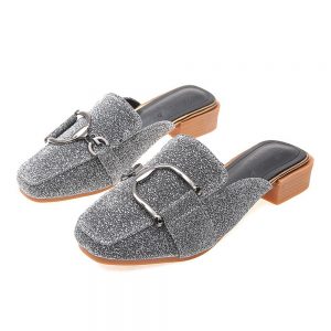 Big Size Women Lazy Mules Shoes Square Toe Metal Sequined Backless Sandals