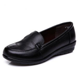 Black Leather Work Anti Skid Soft Flat Shoes For Women