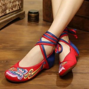 Butterflyknot Embroidery Color Match National Wind Lace Up Strappy Flat Shoes