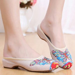 Butterflyknot Embroidery National Wind Retro Colorful Open Heel Slip On Flat Shoes