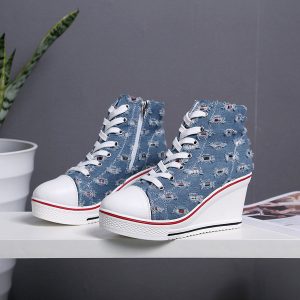 Canvas Zipper Lace Up Wedges High Top Shoes