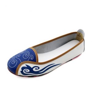 Cloud Leather Pattern National Wind Color Match Soft Sole Slip On Flat Casual Shoes