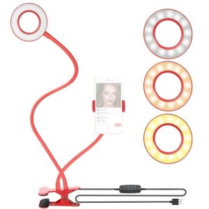 Controllable Selfie Ring Light with Clamp Cell Phone Holder for Live Stream Video Chat Flexible Long Arms Lazy Bracket for Easy Watching (Red)