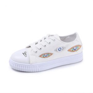 Embroider Round Toe Eyes Pattern Canvas Flat Casual Shoes For Women