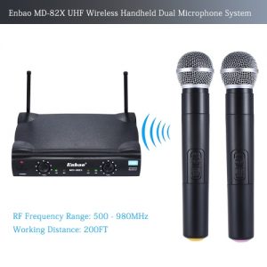 Enbao MD-82X UHF Wireless Handheld Dual Microphone System 2 Microphones Mic Receiver 6.35mm Audio Cable AC Adapter - Easy Setup - for Karaoke Performance Presentation Public Address