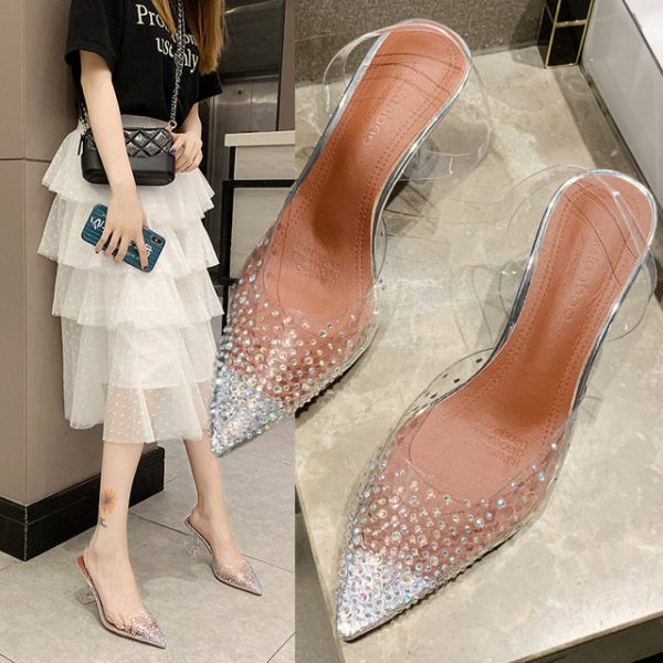 Europe And The United States Season Fairy Shoes Stiletto Sexy Thin Baotou Rhinestone Transparent Sandals And Slippers St