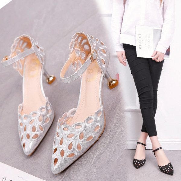 European And American Fashion Wild Sandals Women's New Pointed Stiletto Heel Hollowed Out A Word Buckle Fashion Shoes