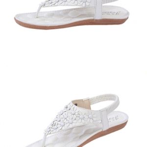 Fashion Summer Women PU Sandals Floral Toe-post Shoes Slingback Flats White