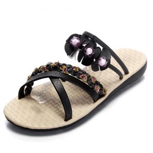 Fashion Women Flat Sandals Flower Beading Cross Woven Strap Flat Shoes