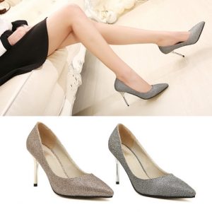 Fashion Women High Heels Pointed Toe Glittering Stilettos Shoes Party Pumps Silver