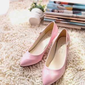 Fashion Women PU Heels Candy Color Low Cut Vamp Pointed Thin Shoes Pink