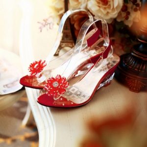 Fashion Women Transparent Sandals Wedge Heel Peep Toe Flower Rhinestones Pumps Shoes