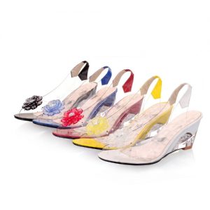 Fashion Women Transparent Sandals Wedge Heel Peep Toe Flower Rhinestones Pumps Shoes