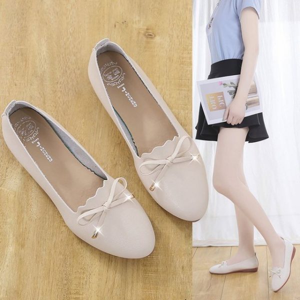 Flat Single Shoes Female Bow Tendon Soft Bottom Scoop Shoes Casual Fashion Bean Mother Anti-slip Social Work Shoes