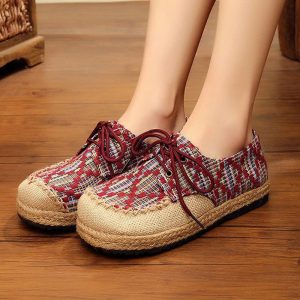 Flax Stitching Mixed Color Lace Up Round Toe Flat Shoes