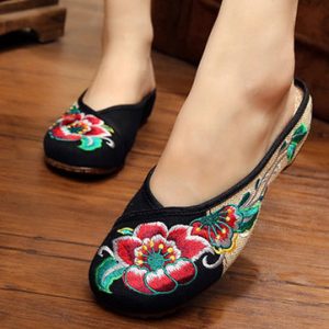 Floral Embroidery National Wind Open Heel Color Match Slip On Flat Shoes