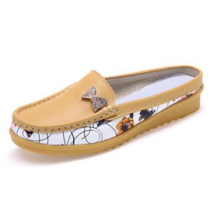 Floral Print Metal Butterflykont Leather Open Heel Slip On Flat Lazy Shoes