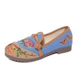 Flower Butterfly Embroidered Retro Flat Color Blocking Shoes