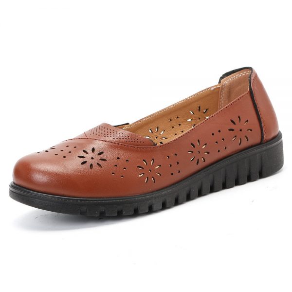 Flower Hollow Out Leather Soft Sole Slip On Casual Flat Shoes