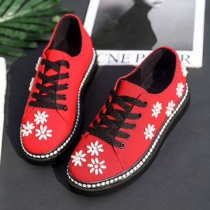 Flower Lace Up Canvas Flat Casual Shoes