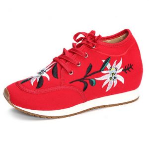 Flower Pattern Heel Increasing Canvas Retro Lace Up Casual Shoes