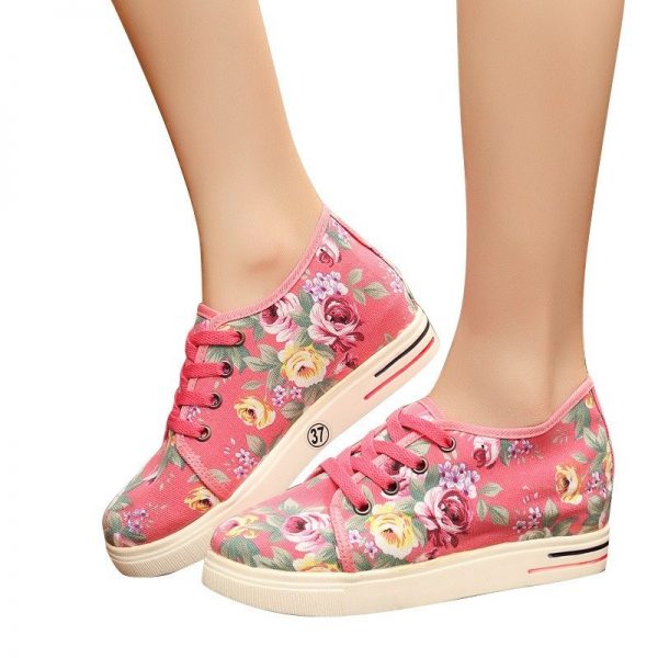 Flower Printing Lace Up Hidden Heel Casual Shoes