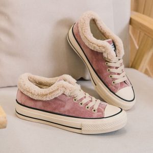 Fur Lining Lace Up Warm Canvas Flat Shoes