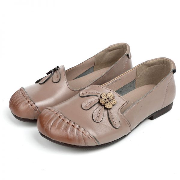 Genuine Leather Flower Hand Stitching Slip On Soft Flat Shoes For Women