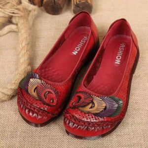 Genuine Leather Handmade Stitching Slip On Casual Soft Comfortable Women Flat Shoes