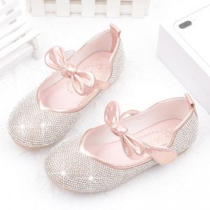 Girls Bling Upper Bowknot Frozenly Elsa Princess Rhinestone Flat Shoes