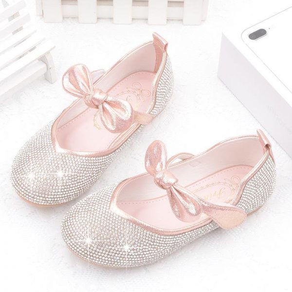 Girls Bling Upper Bowknot Frozenly Elsa Princess Rhinestone Flat Shoes