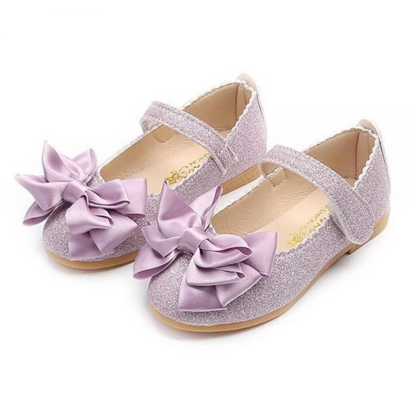 Girls Bling Upper Bowknot Hook Loop Princess Dress Flat Shoes