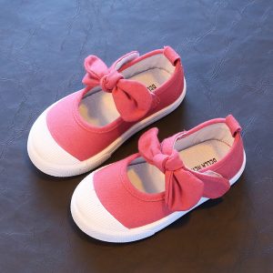 Girls Bowknot Decor Pure Color Hook Loop Lovely Canvas Flat Shoes